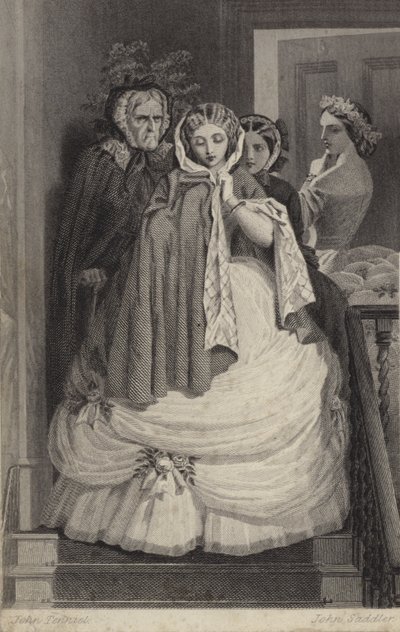 Belle fille, habillée pour une fête, descendant les escaliers - John Tenniel